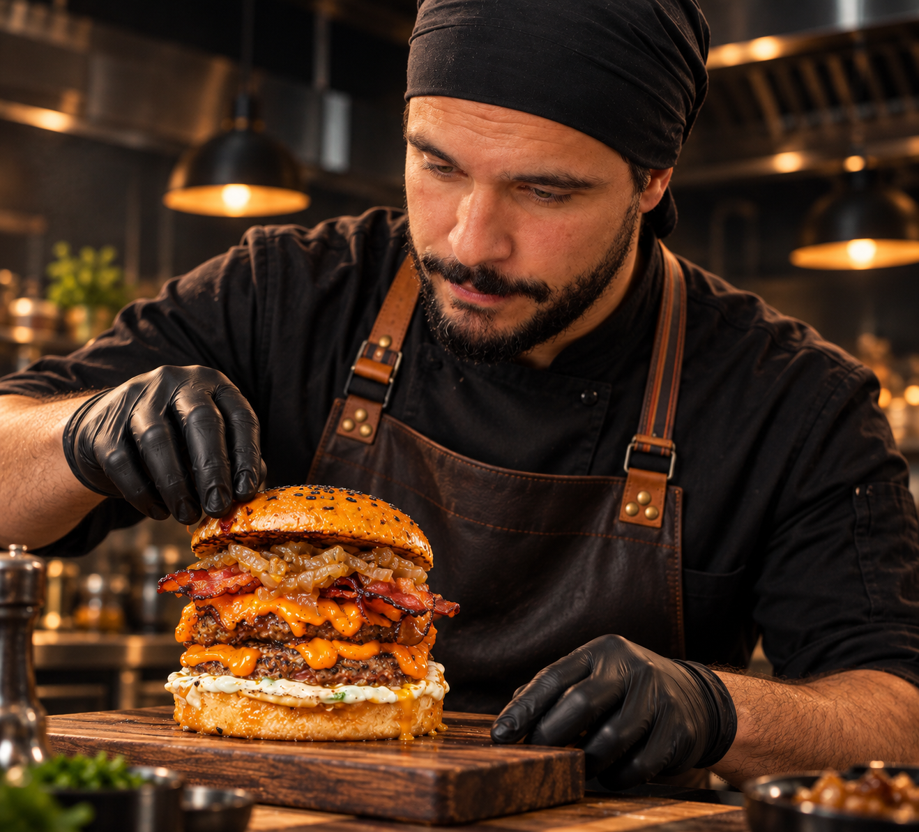 Imagem provisória de estúdio do Mike preparando um burger